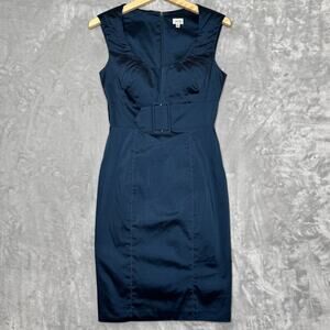 Cache Dress Womens 4 Navy Blue Sleeveless Belted Fitted Sheath Cocktail Party